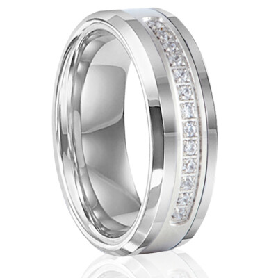   Tungsten Rings For Men Silver Mens Wedding Bands White Stone Black Mens Rings