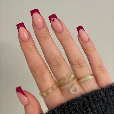 Red Heart False Nail Long Square French Tips Press on Nails for Nail Art 24pcs