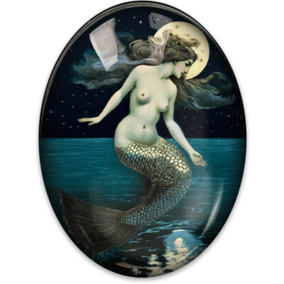 Victorian Mystical Mermaid Moon Glass Cameo Cabochon Vintage Oval Jewelry Cab