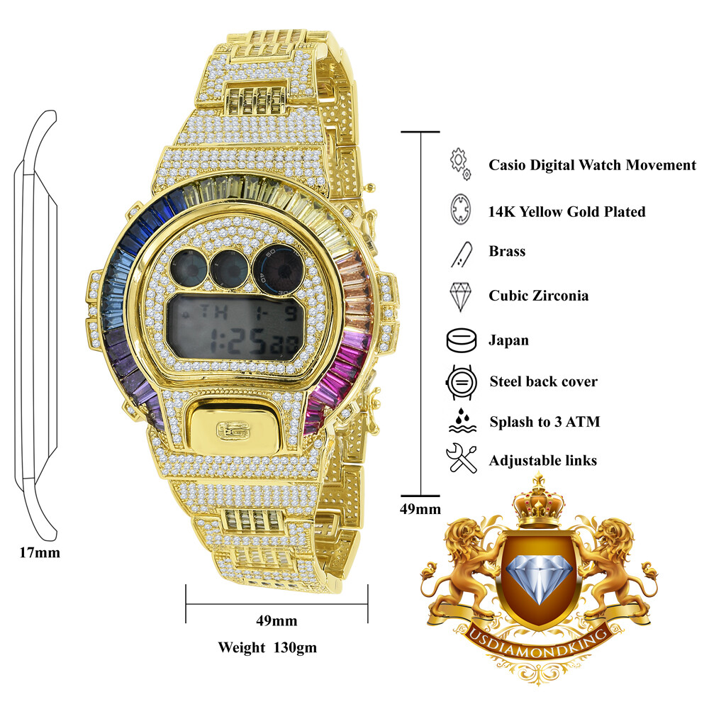 Pre-owned Usdiamondking Baguette Rainbow Multi Gold Finish Casio Shock Authentic Dw-6900 Custom Watch