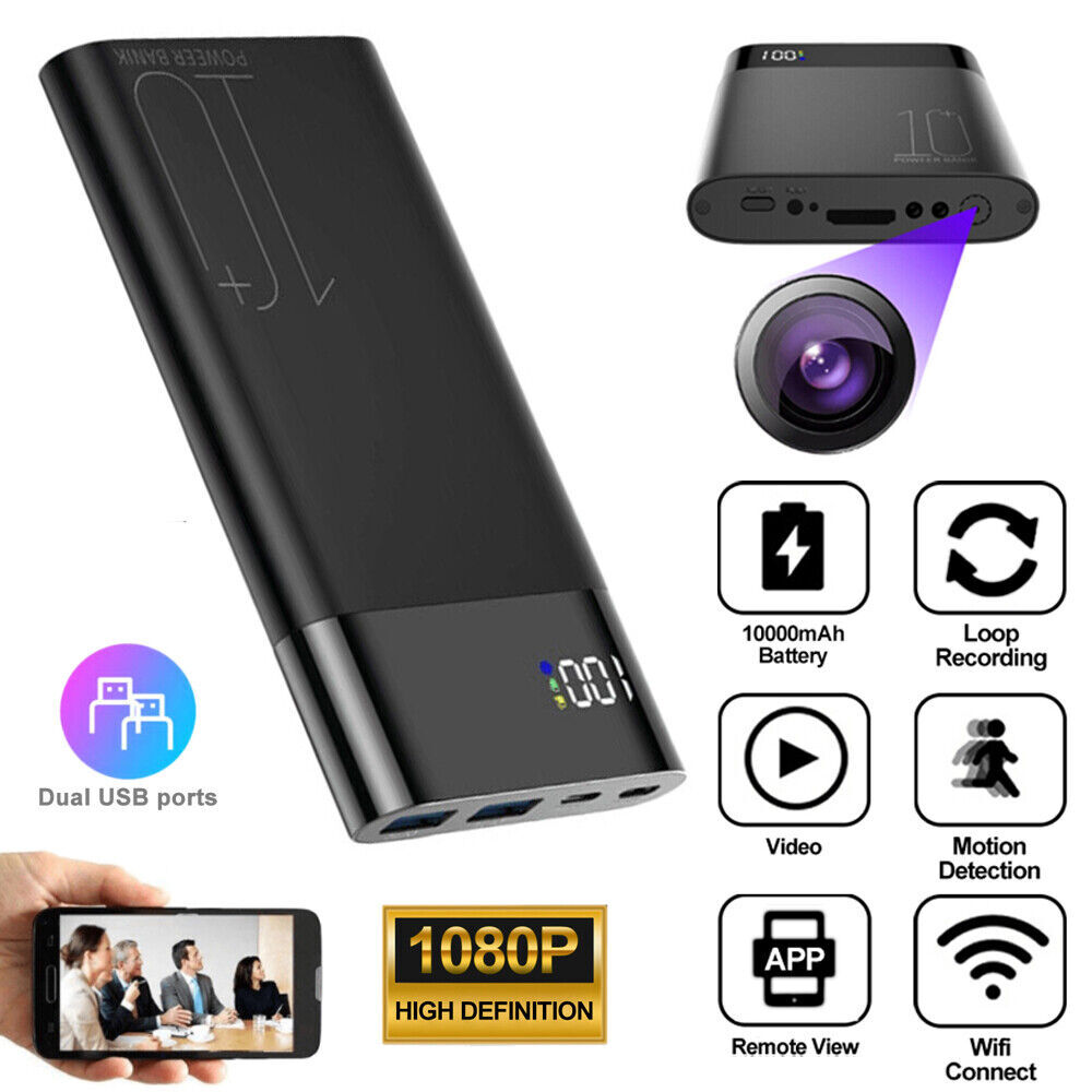 Portable power bank with hidden spy camera features.