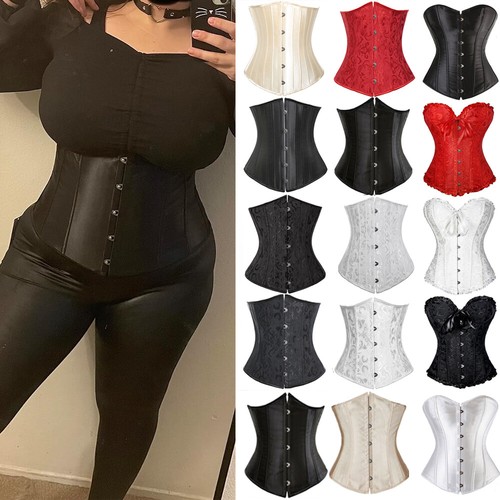 Womens Satin Underbust Corset Bustier Boned Waist Training Cincher Top Plus Size