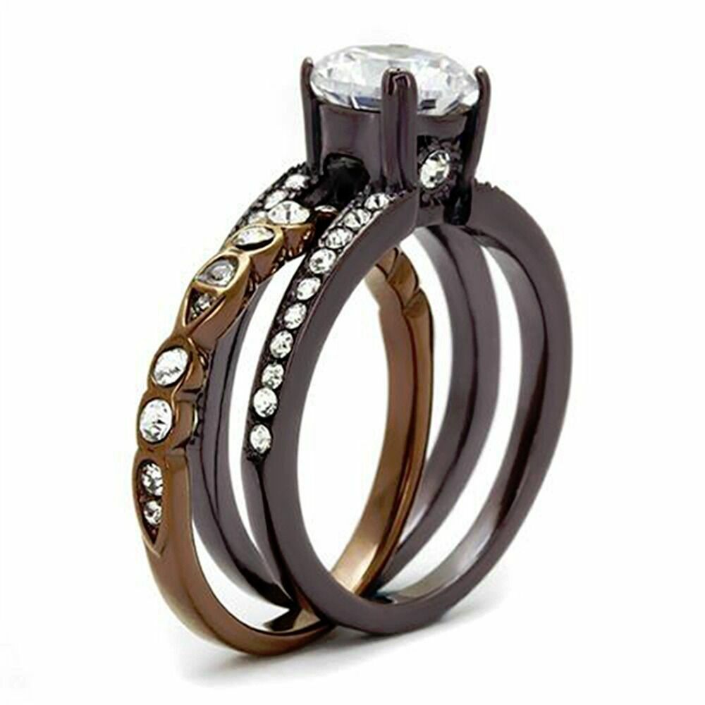 2.75 Ct Round Cut CZ Chocolate Stainless Steel Wedding Ring Set Women's Size 5 6