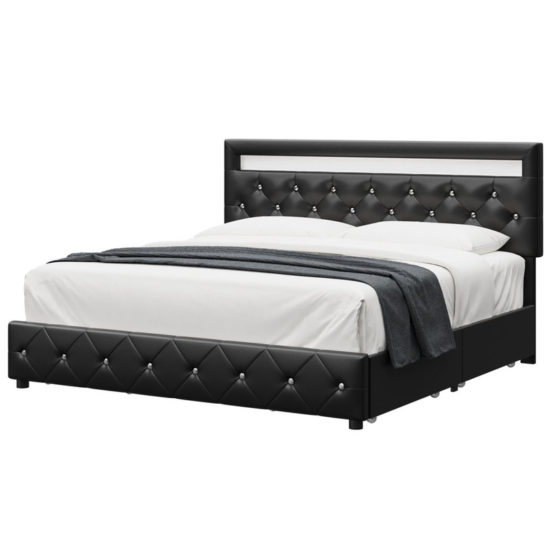 Platform Bed Frame Upholstered Button Tufted Headboard LED Storage Drawer King