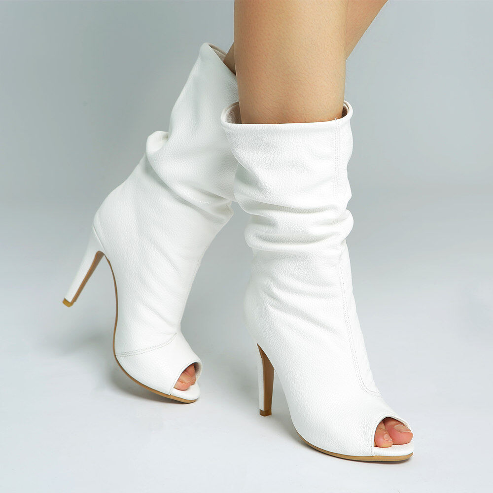Fashion Womens Peep Toes Slouch Boots High Heel Solid White PU Leather Booties | eBay