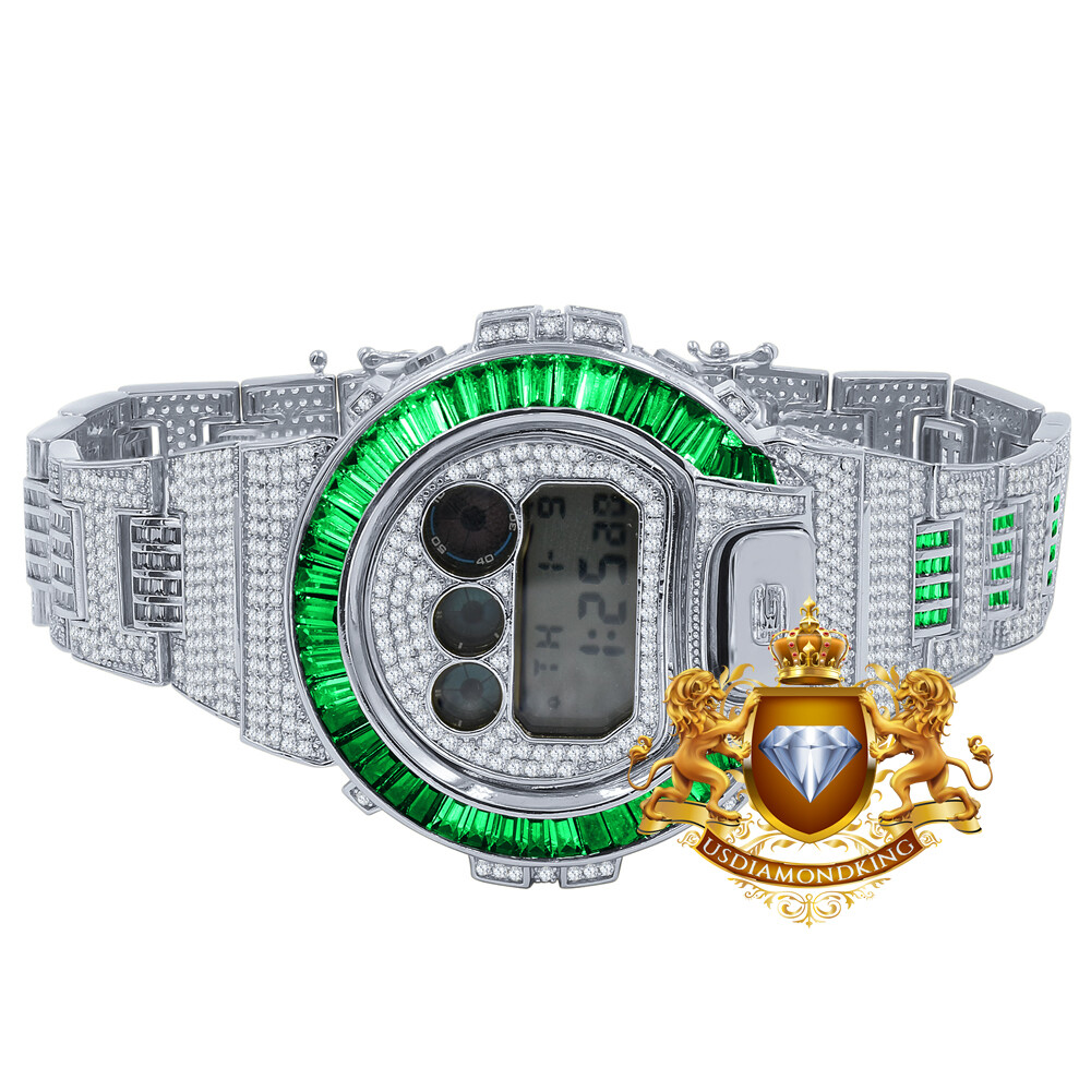 Pre-owned Usdiamondking Baguette Green Emerald White Gold Casio Shock Authentic Dw-6900 Custom Watch