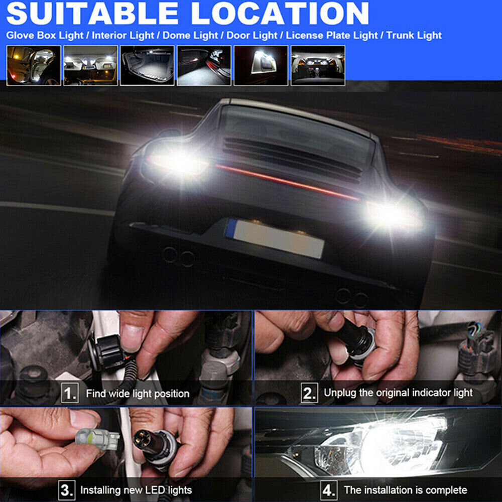 20X T10 194 168 W5W 2825 COB LED License Plate Interior Light Bulbs 6000K White