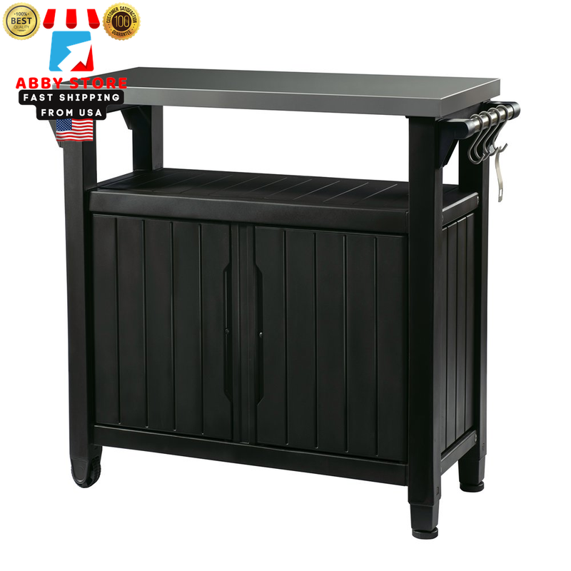 Resin Serving Station Weather Plastic Metal Grill Storage Prep Table Graphite ✅