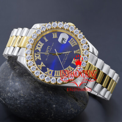 Pre-owned Bling Master 18k 2 Tone Gold Solid Steel Blue Dial Simulated Diamond Presidential Mens Watch