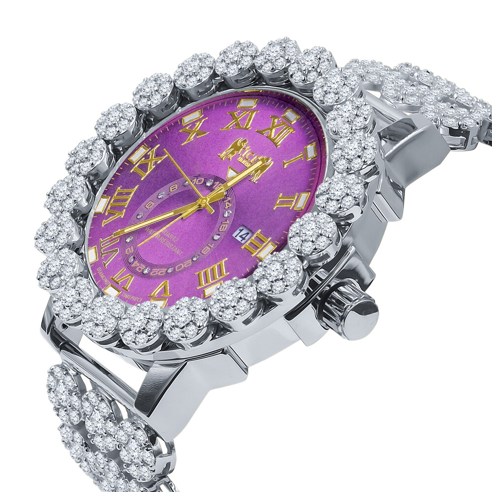 Pre-owned Icy Purple Amethyst 12 Real Diamond Roman Dial Flower Band Bezel Gold Tone Watch