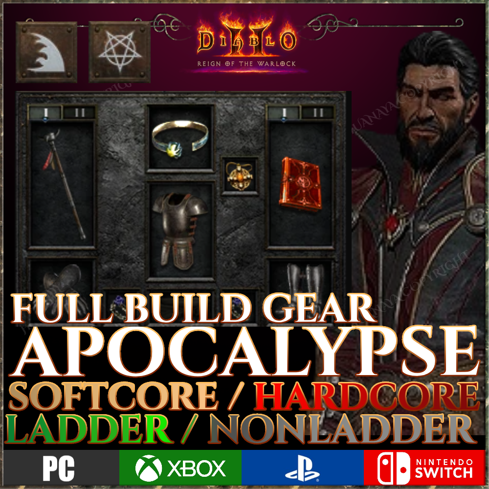 Diablo 2 Resurrected - Apocalypse Fire Warlock Full Gear Bundle D2R ROTW PS XBOX