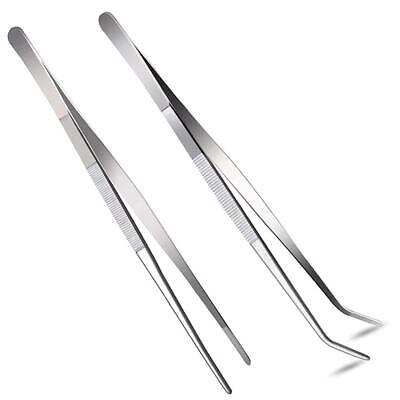 2 Pcs 12 Inch Long Handle Stainless Steel Straight And Curved Tweezers Nippers S