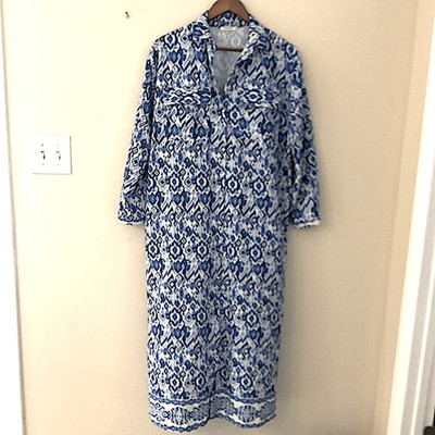 Sunday Up maxi dress blue white cottage core floral print two chest pockets Med