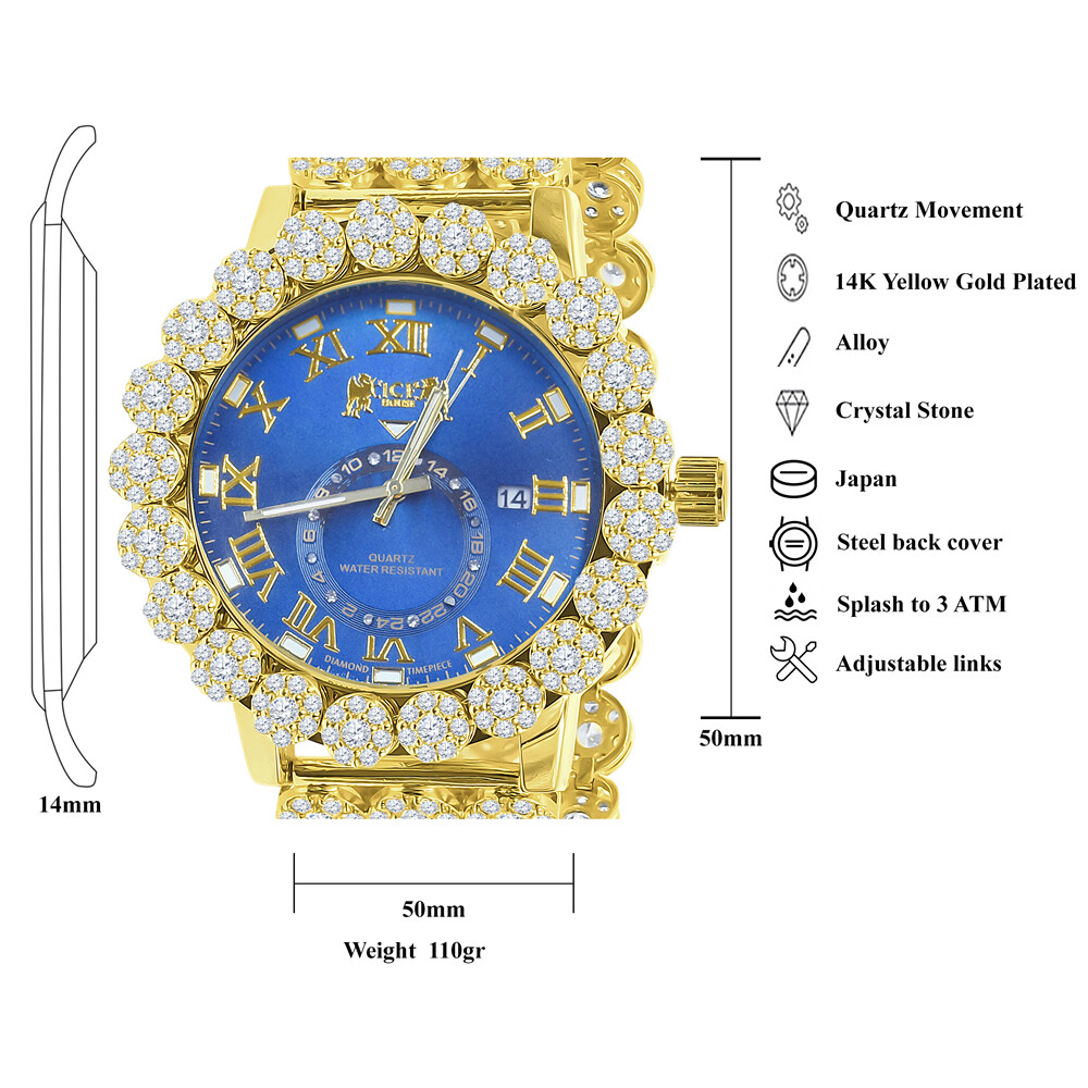 Pre-owned Icy Men Blue Sapphire Real Diamond Roman Dial Flower Band Bezel Gold Tone Watch