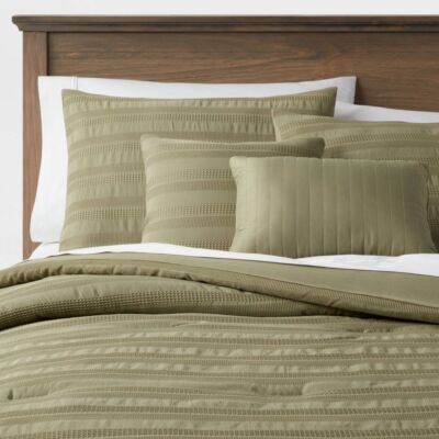 5pc Full/Queen Woven Waffle Stripe Comforter Set Green - Threshold