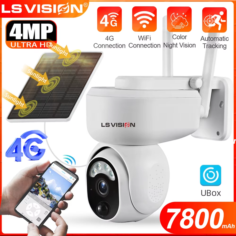 4MP 4G LTE Solar Camera Outdoor WiFi Security Camera PTZ Auto Tracking Color Nig