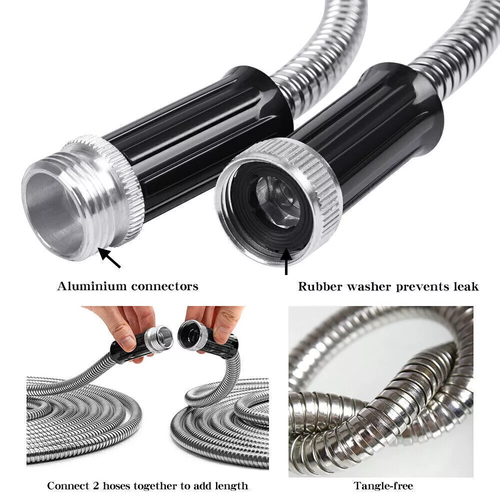 25/50/75/100/150FT Stainless Steel Flexible Garden Water Hose 2X Spray Nozzle
