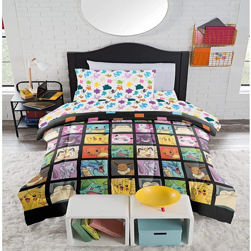 Pokemon Figures Kanto Bedding Set 140 x 200 cm Pillowcase 70 x 90 cm Reversible 100% Cotton Multi-Coloured