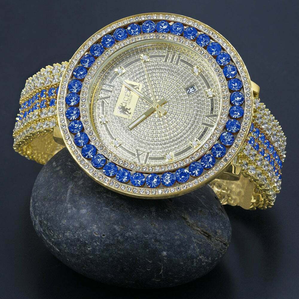 ICE HOUSE BLUE SAPPHIRE REAL GENUINE DIAMOND MENS CUSTOM WATCH 18K YELLOW GOLD TONE W/DATE