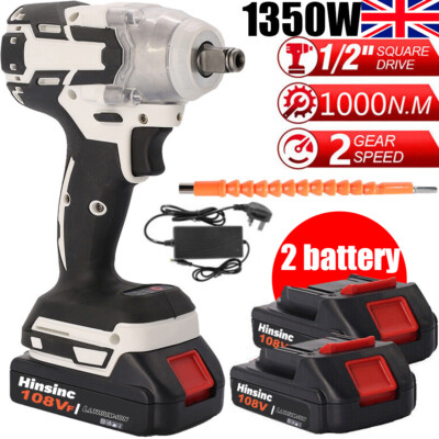 1000Nm 1/2" Cordless Electric Impact Wrench Drill Gun Ratchet Driver + 2 Battery