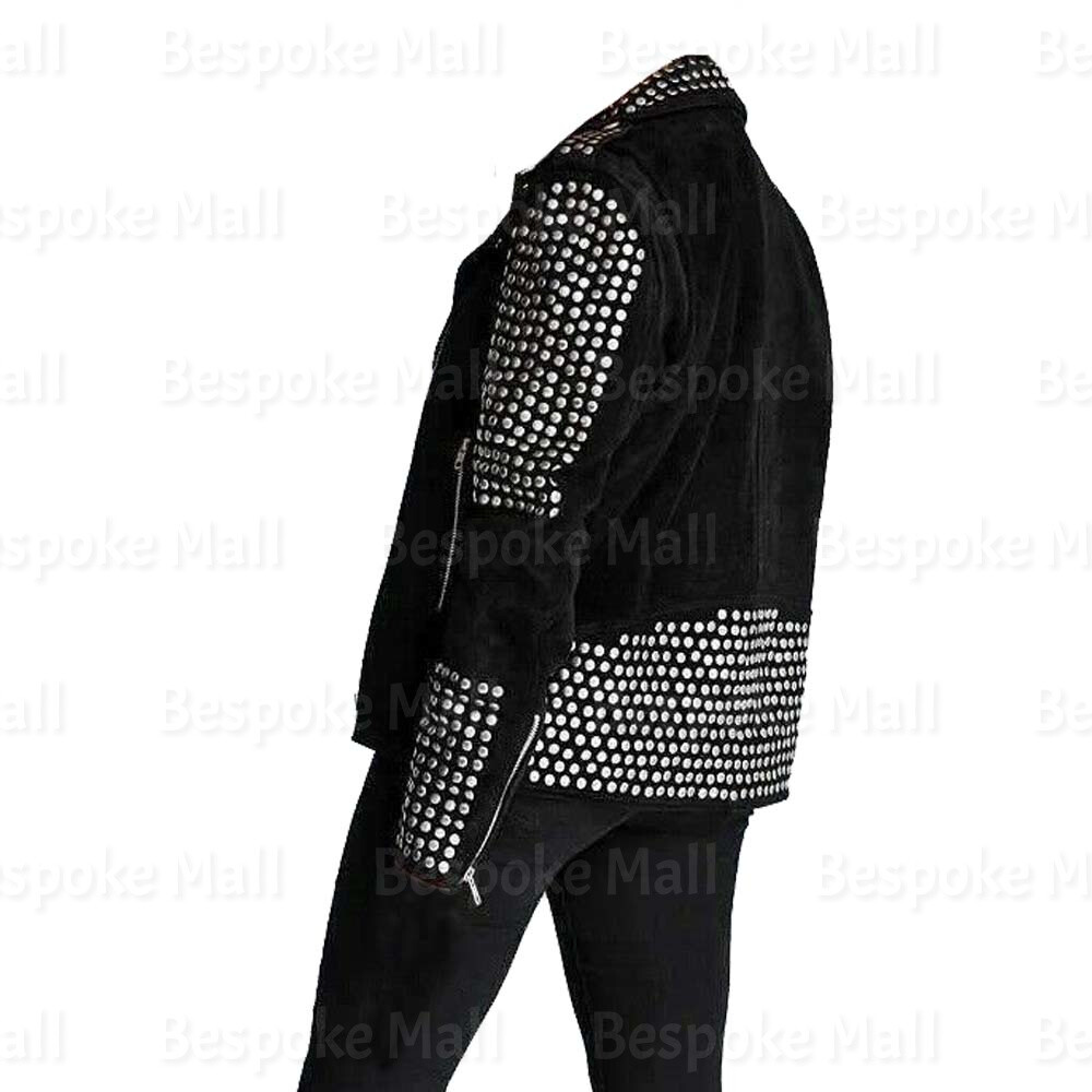 Pre-owned Handmade Women Black Brando Punk Silver Studded Zipper Cowhide Leather Jacket-268