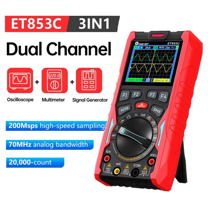 ET853C 2CH Oscilloscope Multimeter Signal Generator 3in1 70MHz Bandwidth 20000 c