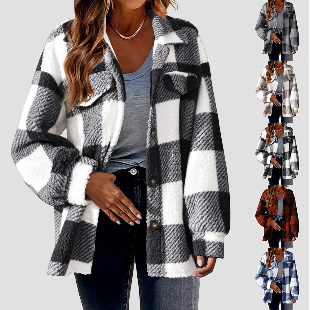 Women Plaid Flannel Shirt Coat Collar Long Sleeve Jacket Casual Cardigan Size US