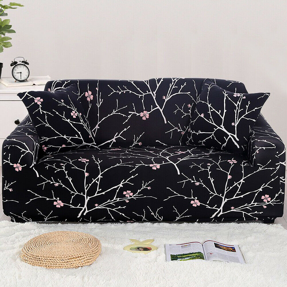 Color:Black with Flowers:Stretch Spandex Chair Sofa Couch Cover 1/2/3/4 Seat Elastic Slipcover Protector