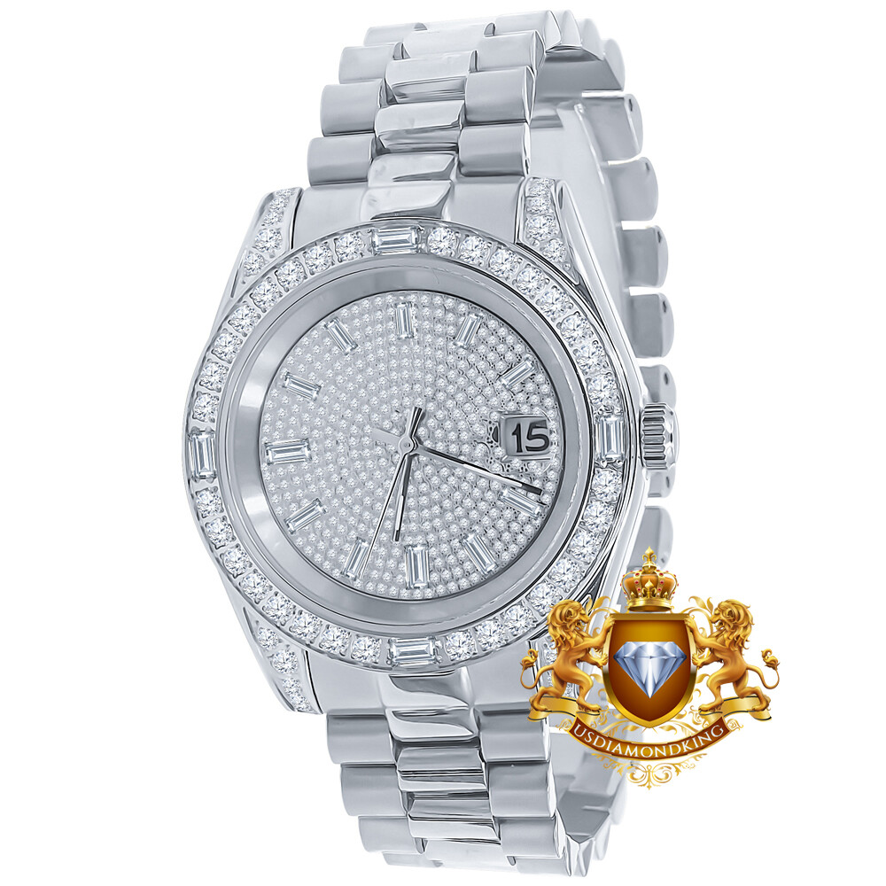 Pre-owned Bling Master Solid Steel 18k White Gold Tone Baguette Simulated Diamond President Watch 40mm