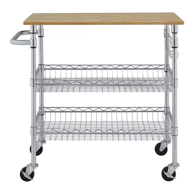Chrome Metal Rolling Kitchen Microwave Cart Natural Wood Top Tiered Shelve 36