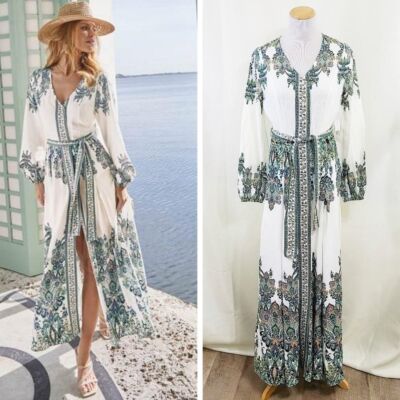 Venus Tie-Waist Maxi Dress white green paisley button down linen size 2 NEW