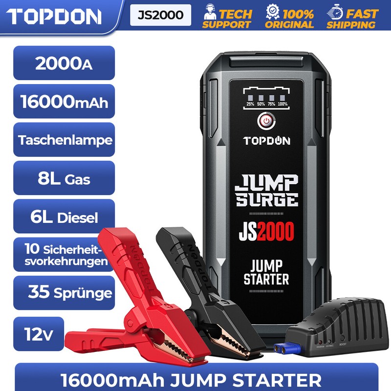 Topdon Js2000 DÃ©Marreur Jump Starter 16000mah 2000a Chargeur Booster Powerbank