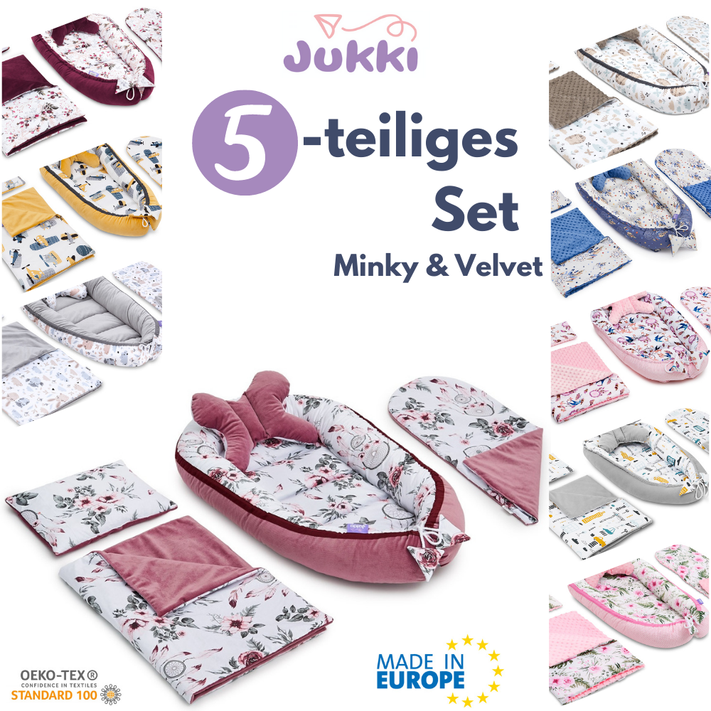 5tlg Baby Nestchen 2-seitig Kokon + Matratze 2xKissen MINKY Decke Reisebett ✨SET