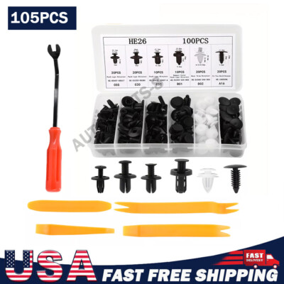 100Pack Universal Rivet Clips Car Retainer Fender Liner Fastener 6 Size w/ 5Tool