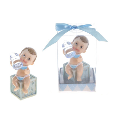 Mega Favors - Baby Boy Sitting on Box with Bottle Poly Resin - Blue, 12PCS