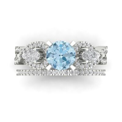 Pre-owned Pucci 2 Round Pear 3 Stone Real Aquamarine Wedding Statement Ring Set 14k White Gold