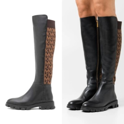 Michael Kors Ridley Leather and Logo Jacquard Knee High Boots 8.5M
