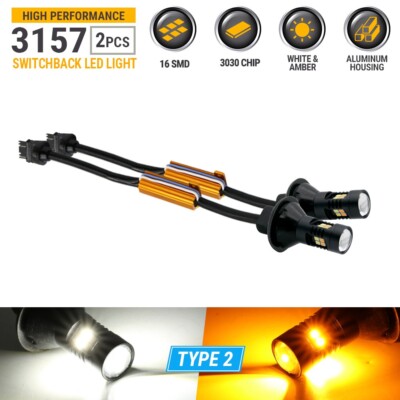 Type 2 Error Free White/Amber 3157 LED DRL Switchback Turn Signal Light Bulbs