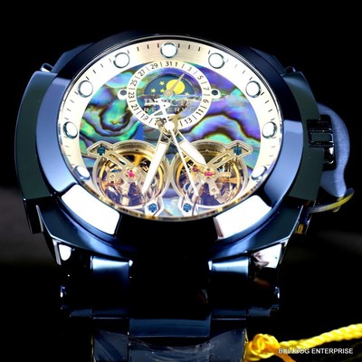Pre-owned Invicta Man Of War Double Open Heart Automatic Moon Phase Abalone Blue Watch