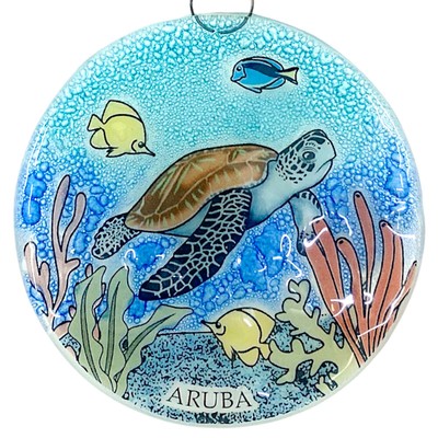 Aruba Sea Turtle Christmas Tree Ornament - Art Glass Light Catcher Map Decor