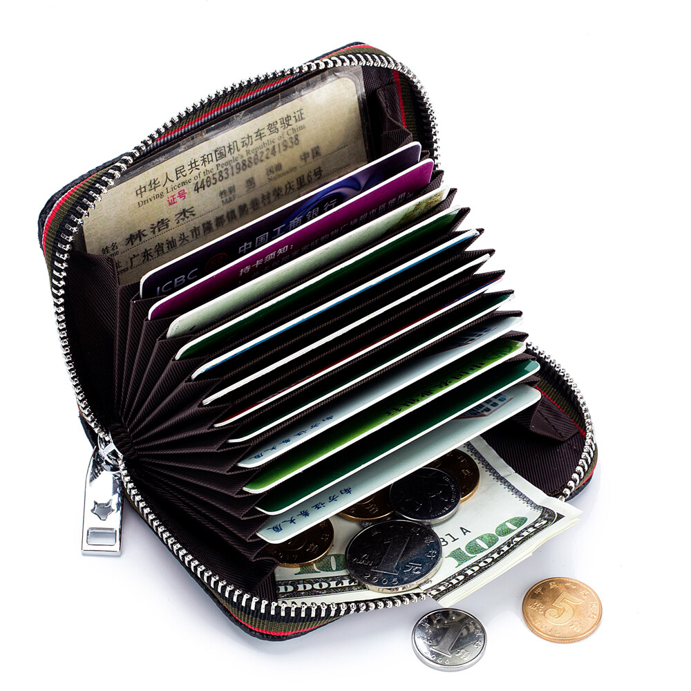 RFID Blocking Women Men Genuine Leather Wallet Credit Card Holder Zipper Pocket