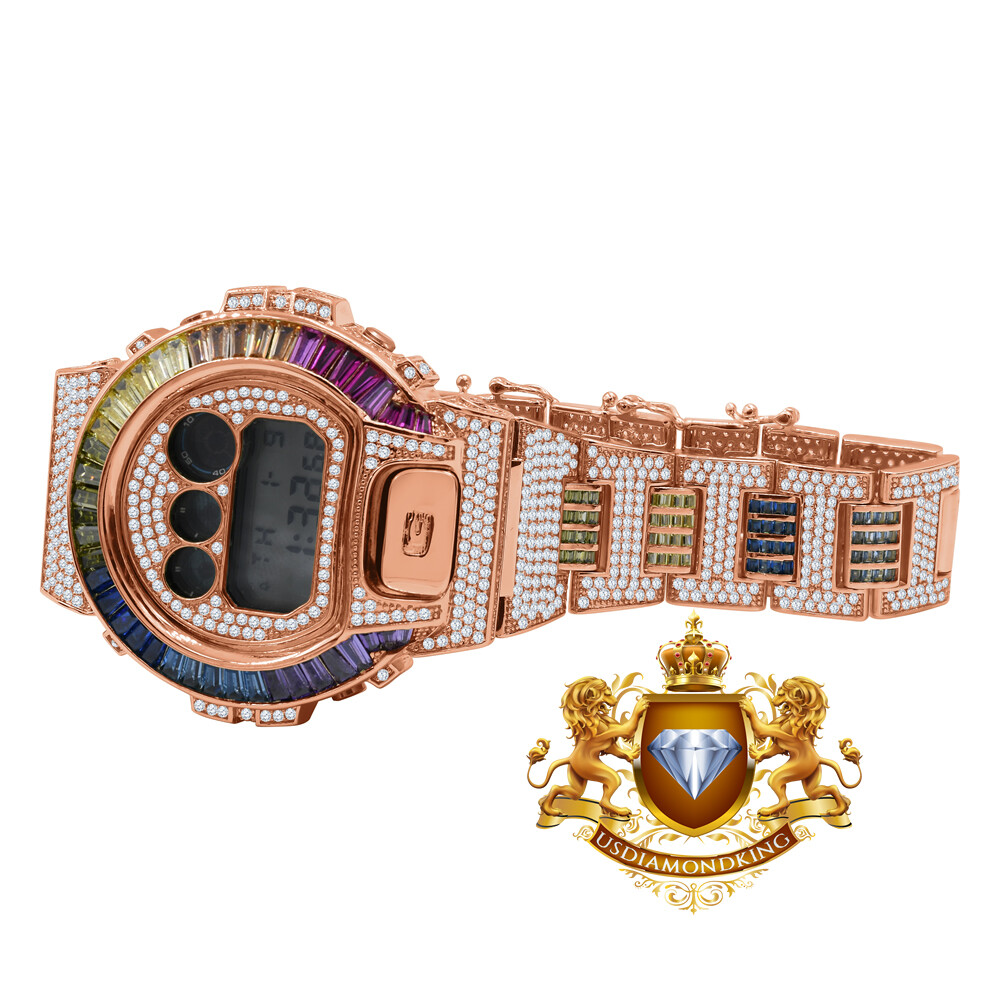 Pre-owned Usdiamondking Baguette Rainbow Multi Rose Gold Casio Shock Authentic Dw-6900 Custom Watch