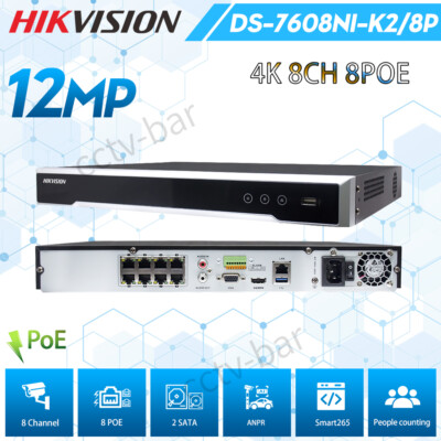 Hikvision 8Channel 4K NVR DS-7608NI-K2/8P 2SATA 12MP 8CH POE CCTV Video Recorder