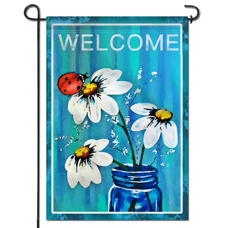 Garden Flag Double Sided Spring Summer Daisy Ladybug Welcome 18x12.5 Inch Yard