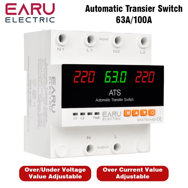 63A 100A ATS Adjustable Over Under Voltage Current Protector Dual Power Conversi