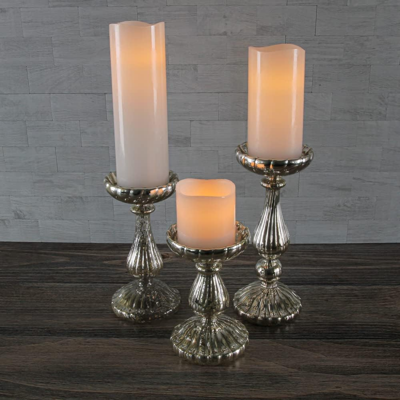 Ribbed Unique Mercury Glass Pillar Candle Holder Set of 3