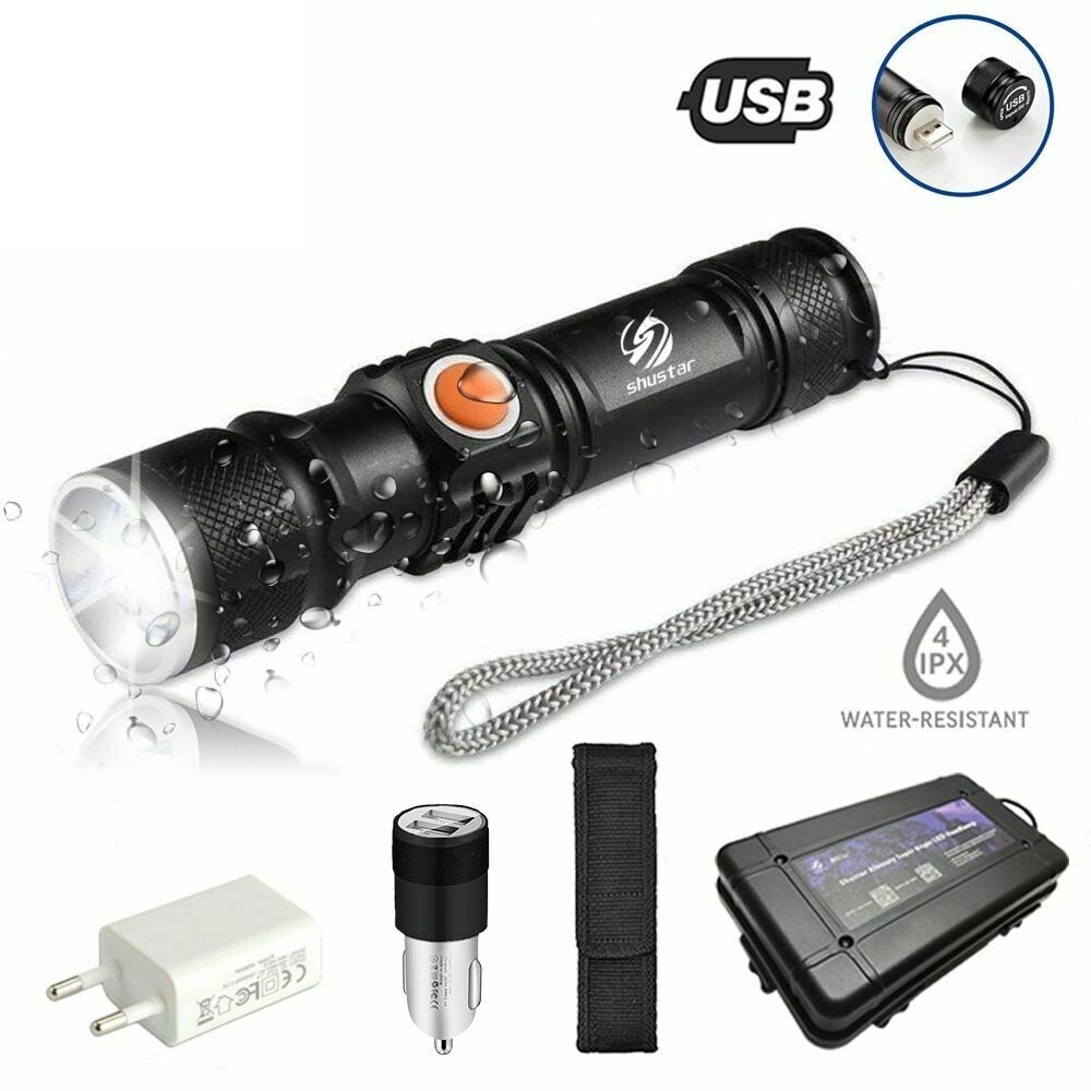 USB Rechargeable Flashlight Zoom LED Torch With Clip 5 Modes For Camping RP