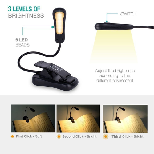 Rechargeable 3000K Warm 6 LED Book Light, Easy Clip on Reading Lights