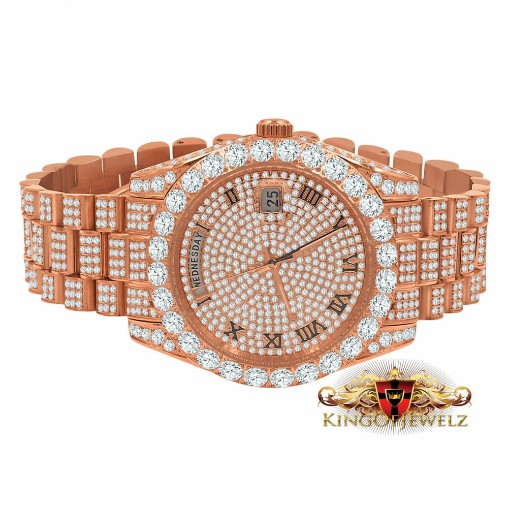 Pre-owned Bling Master 18k Rose Gold Finish Solid Stainless Steel Day & Date Roman Dial Solitaire Bezel