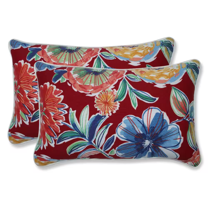Floral Red Rectangular Outdoor Lumbar Throw Pillow 2-Pack